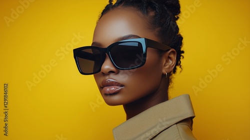 Model Poses Confidently in Stylish Sunglasses Against Vibrant Yellow Backdrop