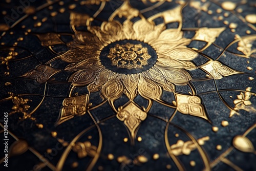 Gold Floral Patterns on a Textured Black Surface Create a Striking Visual Effect