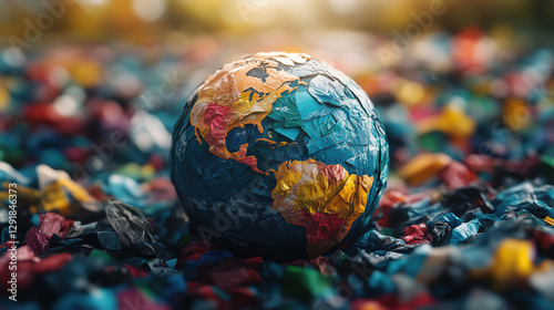 Fototapeta Naklejka Na Ścianę i Meble -  Crumpled earth globe covered in plastic waste symbolizing pollution. Earth Day