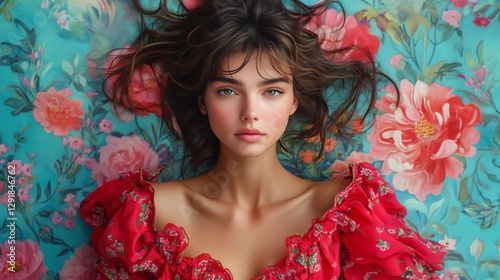 Beauty and Serenity Captured With a Young Woman Resting Against Floral Backdr...