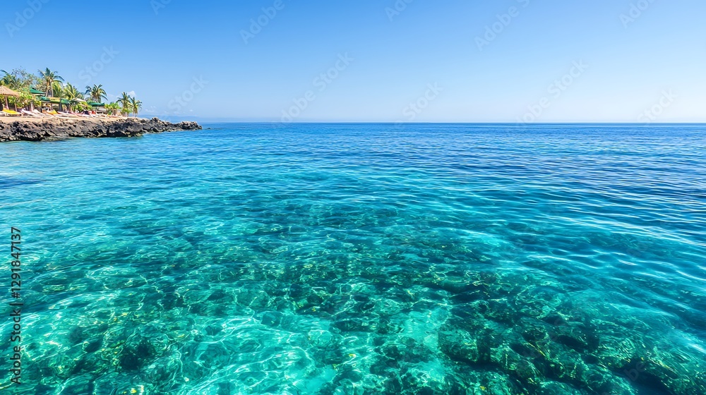 Fototapeta premium Crystal ocean view, tropical shore, calm blue sea, sunny sky, tourism background