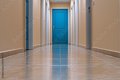 Bright Blue Door at the End of a Hallway in a Well-Lit Home Interior