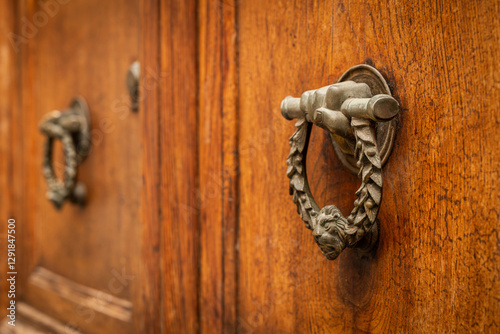 Side view of  ornate door knocker shaped like a hand holding a scroll, with a wreath-like metal ring. The foreground is in sharp focus, while the second identical element appears softly blurred in t