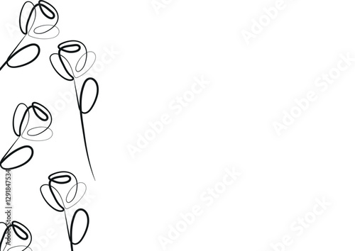 poster template with rose flower icons from stems in line art style drawn with original outline, for logos, designs or ornaments