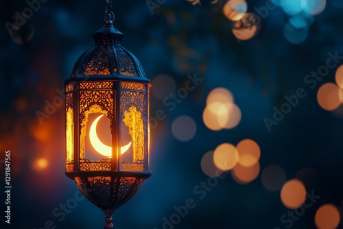 Lantern Illuminating a Serene Night With Moon and Bokeh Lights in the Background