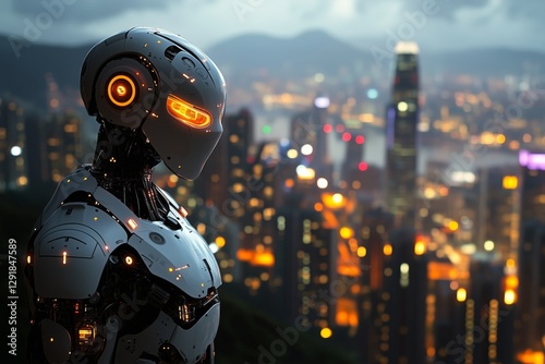 Futuristic Robot Stands Overlooking a Bustling City Skyline at Twilight