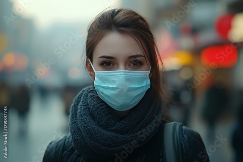 Woman Wearing a Face Mask in a Busy Urban Street During Winter Afternoon