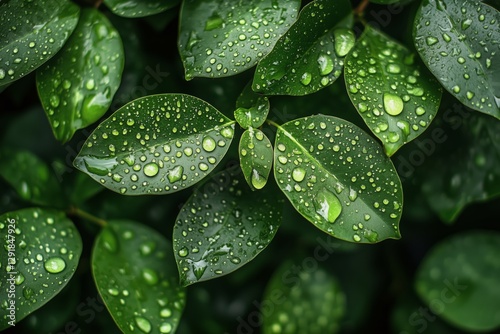 Fresh Green Leaves With Droplets After Rain in a Lush Garden During the Early...