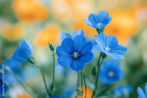 Bright Blue Flowers Bloom Among Vibrant Yellow Blossoms in a Garden During Sp...