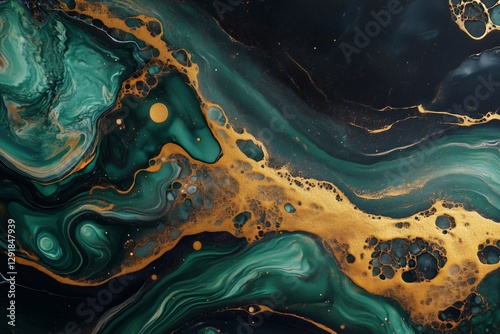 Textured Art Piece Showcasing Rich Emerald and Gold Colors Blending in an Abs...