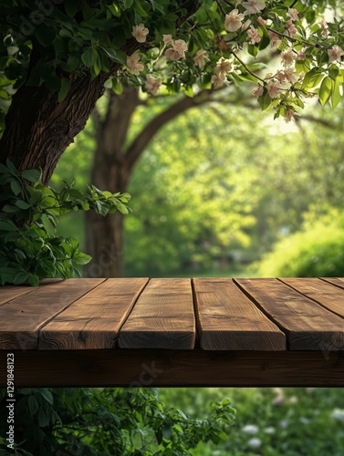Sunlit Wooden Table Surrounded by Lush Greenery in a Peaceful Garden Setting ...