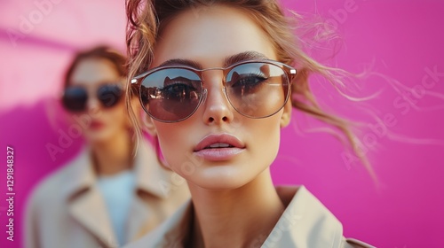 Elegant Model Wearing Fashionable Sunglasses Against a Pink Background