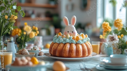 Festive Spring Celebration With a Bunny Cake and Colorful Flowers in a Bright...