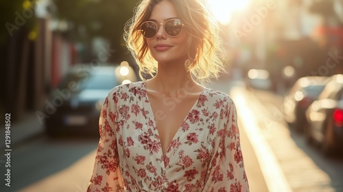 Beautiful Young Woman Walks Through a Lively Street in the Golden Hour