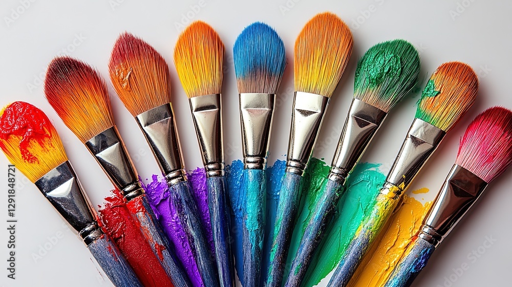 Fototapeta premium Variety of paintbrushes arranged in a circle, each dipped in different vibrant colors 