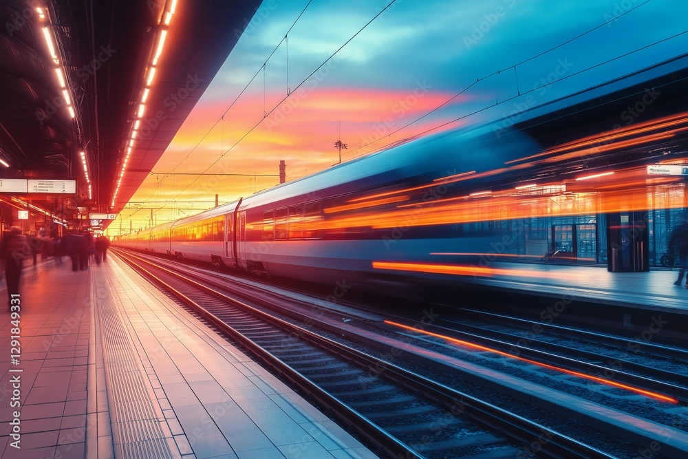 Fototapeta premium Colorful Sunset at the Train Station With a Passing Train and Vibrant Sky