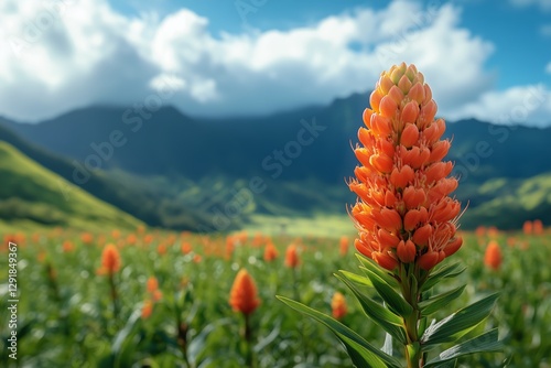 Vibrant Orange Flowers Bloom in a Lush Green Valley Under a Cloudy Sky