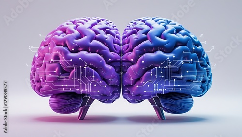 A stylized, 3D rendering of a human brain split in half, one side composed of glowing, intricate circuit board patterns in shades of blue