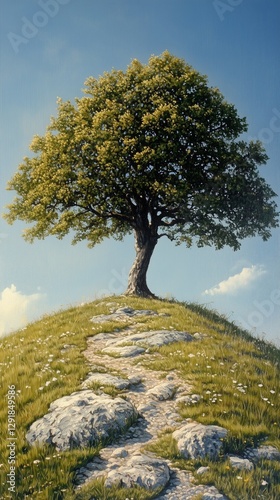 Lone Tree Standing on Rocky Hill Under Clear Blue Sky in Afternoon Light