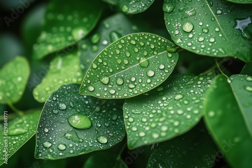 Fresh Green Leaves With Droplets After Rain in a Lush Garden During the Early...