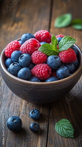 Fresh Mixed Berries in a Blue Bowl on a Wooden Table During Daylight Hours