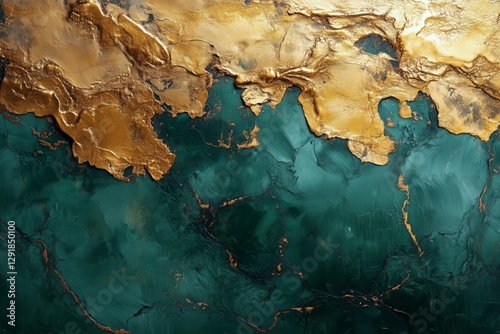 Textured Art Piece Showcasing Rich Emerald and Gold Colors Blending in an Abs...