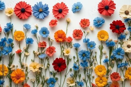 Colorful Arrangement of Various Flowers on a White Background Showcasing Natu...