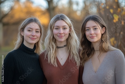 Three Friends Smiling Together in a Sunny Outdoor Park During Early Evening