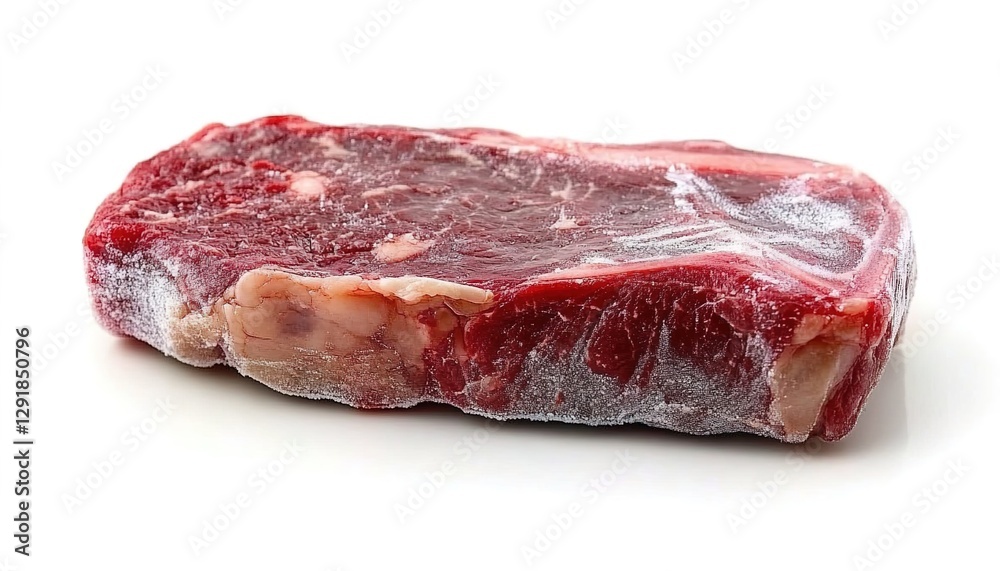 Obraz premium Photograph of a frozen beef steak on a white background