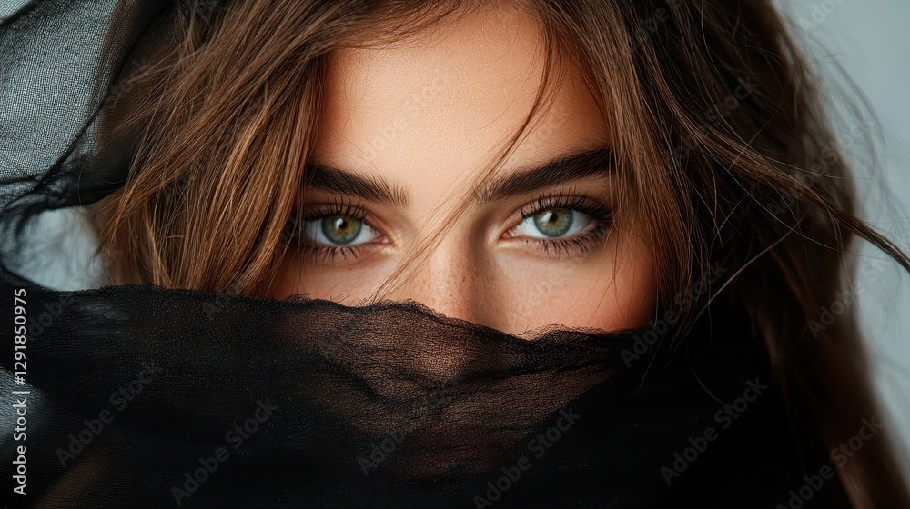 A mesmerizing close-up of a woman's striking green eyes partially obscured by a delicate veil, capturing the essence of mystery and allure amidst an artistic backdrop.