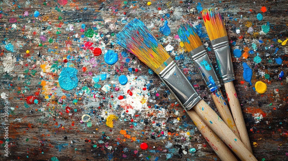 Fototapeta premium Paintbrushes lying on a rustic wooden table, covered in colorful paint splatters, authentic and raw