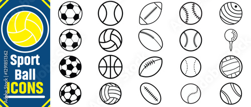 sports balls Icons  set silhouette graphics. American football and soccer, baseball, basketball, bowling, snooker volleyball and tennis.Monochrome Icons Set of Different Sport Balls.Sport balls set.