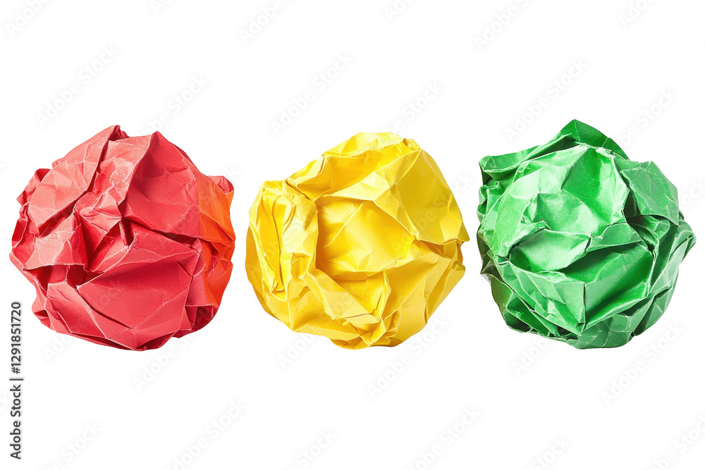 Set of Three Crumpled Paper Balls In Red, Yellow, And Green Hues On A White Background A Close Up Studio Shot Of Textured Colorful Paper Spheres ArrangedCut Out Set of Three Crumpled Paper Balls In Red, Yellow, And Green Hues On A White Background A Close Up Studio Shot Of Textured Colorful Paper Spheres ArrangedCut Out