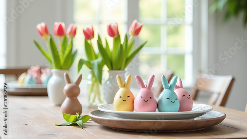 tulips bunnies decorate modern tables handmade egg holders stylish farmhouse easter decor elements happy easter season photo