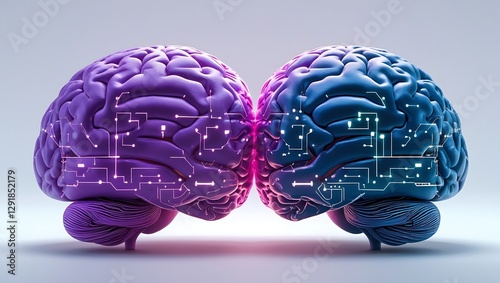A stylized, 3D rendering of a human brain split in half, one side composed of glowing, intricate circuit board patterns in shades of blue