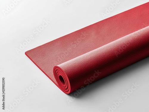 Yoga mat mockup. Rolled red yoga mat on a neutral background, ideal for fitness or wellness themes. photo