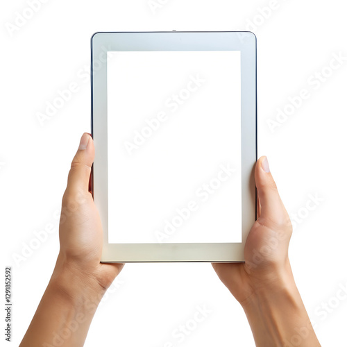 hand on a white background holding ipad with white screen