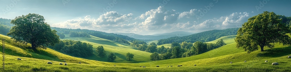 Cows graze peacefully in a green pasture surrounded by trees, Red barn sits on rolling hills in a peaceful countryside, with cows grazing nearby. blue sky surrounded by lush green fields. Cows graze peacefully in a green pasture surrounded by trees, Red barn sits on rolling hills in a peaceful countryside, with cows grazing nearby. blue sky surrounded by lush green fields.