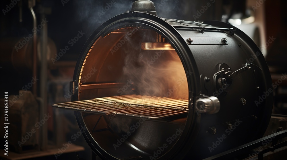Obraz premium A photo of an empty drum roaster with an open lid.