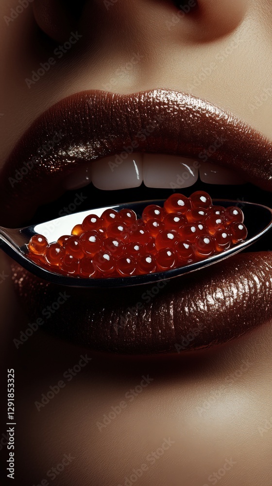 Close-up of Lips Adorned With Red Caviar and a Spoon Nested Playfully Between Teeth. Generative AI Close-up of Lips Adorned With Red Caviar and a Spoon Nested Playfully Between Teeth. Generative AI