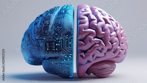 A stylized, 3D rendering of a human brain split in half, one side composed of glowing, intricate circuit board patterns in shades of blue