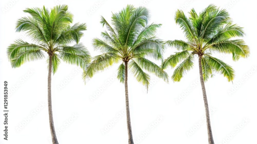 Obraz premium Three tall, lush green palm trees standing against a bright, white background, evoking a tropical paradise feel.
