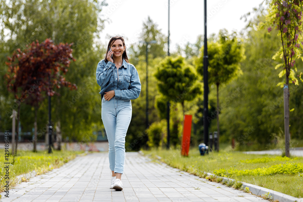 Woman Walking and Talking on Phone in Park Woman Walking and Talking on Phone in Park