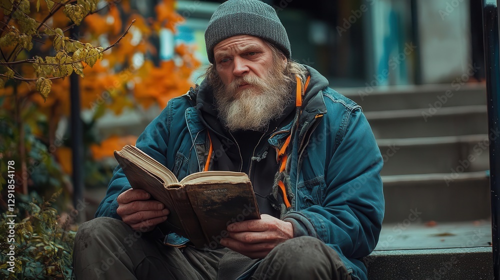 Homeless man reading a weathered book, sitting on steps near a library, contrast of knowledge and poverty Homeless man reading a weathered book, sitting on steps near a library, contrast of knowledge and poverty