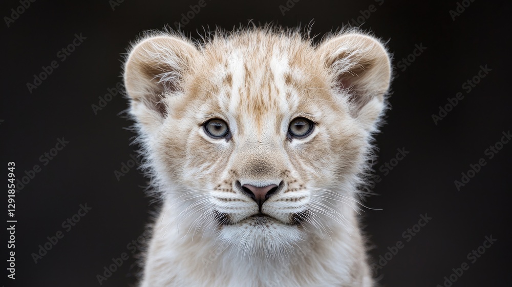 Fototapeta premium Close-up of a white lion cub, front view, dark background. Possible use stock photo