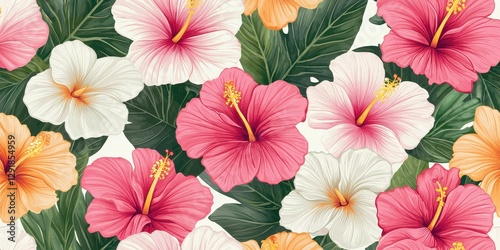Wallpaper Mural A vibrant arrangement of hibiscus flowers in pink, white, and orange, surrounded by lush green leaves, creating a tropical and lively atmosphere. Torontodigital.ca