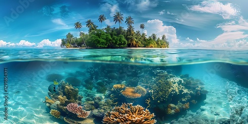 Fototapeta Naklejka Na Ścianę i Meble -  A panoramic view of a tropical paradise with golden sandy beaches clear aquamarine waters and colorful coral reefs visible beneath the surface Tropical Island Escape