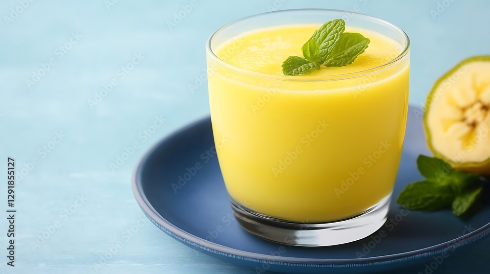 Delicious yellow banana smoothie in glass on blue plate, mint garnish, light blue background Delicious yellow banana smoothie in glass on blue plate, mint garnish, light blue background