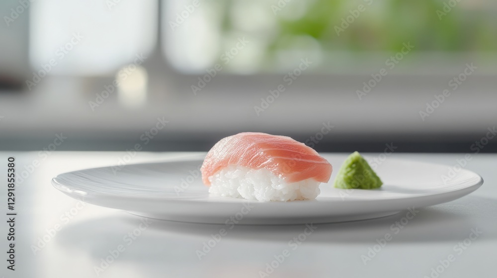 Extreme Close-Up of Nigiri Sushi With Fresh Toro Tuna on White Plate. Generative AI Extreme Close-Up of Nigiri Sushi With Fresh Toro Tuna on White Plate. Generative AI