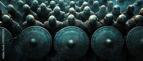 A powerful phalanx of medieval soldiers stands ready with shields and helmets, enveloped in mist, exuding strength and unity.